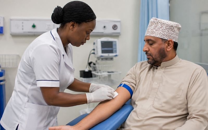 Nurse performing alcohol skin preparation before injection in Nigeria and Kenya