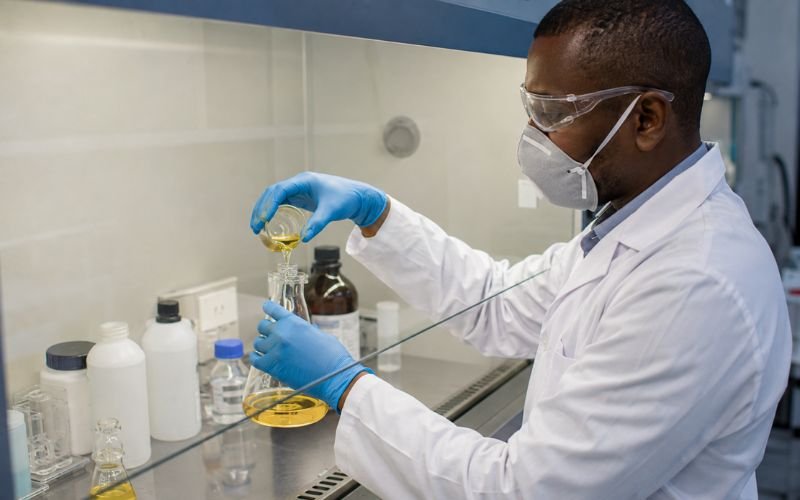 Laboratory technician safely handling aldehyde disinfectant with PPE in Nigeria and Kenya