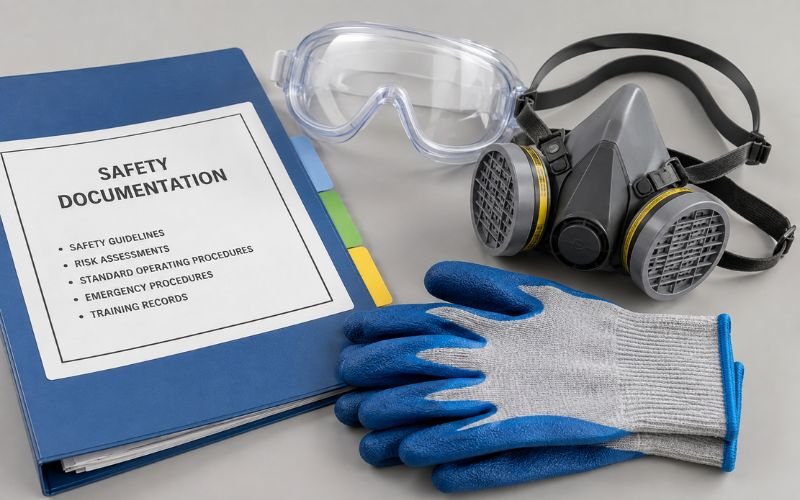 Safety documentation and protective equipment for aldehyde disinfectant handling