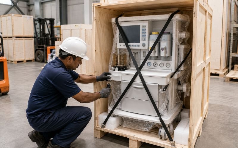 Warehouse worker packing an anesthesia machine into a wooden export crate for Lagos and Nairobi