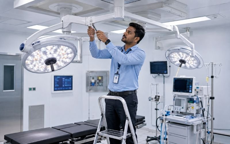 Indian biomedical engineer calibrating the suspension arm of a ceiling mounted LED OT light