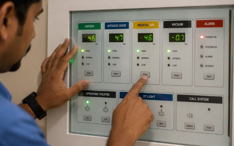 Indian biomedical engineer testing a digital operating theater control panel