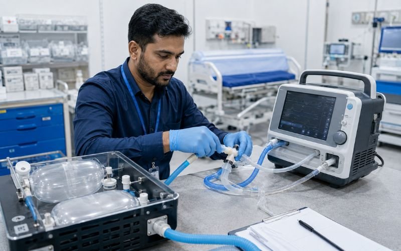 Biomedical engineer running safety calibrations on a transport ventilator