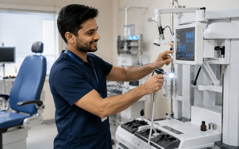 Biomedical technician testing a newly installed ENT workstation in a clinic