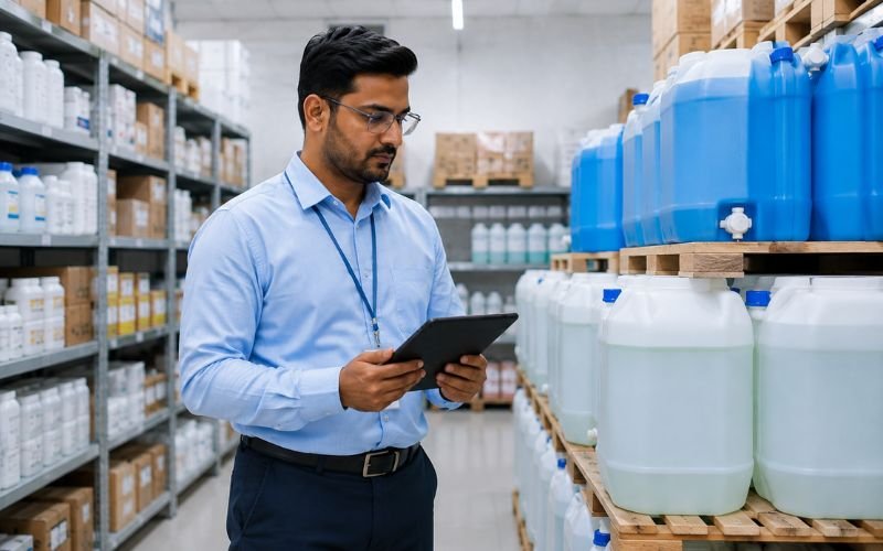 Indian hospital procurement manager reviewing inventory of bulk phenolic disinfectant drums