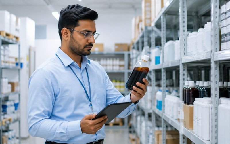 Indian hospital procurement manager reviewing inventory of povidone iodine bottles