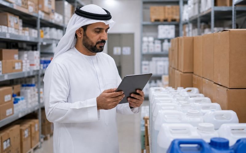 Middle Eastern hospital procurement manager reviewing bulk glutaraldehyde inventory