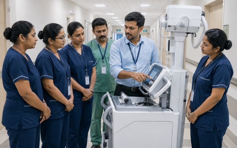 Indian biomedical engineer showing nurses how to use a mobile X-ray machine