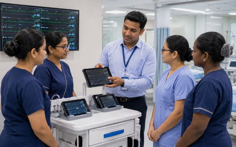 Indian IT specialist training hospital nurses on mobile telemetry software