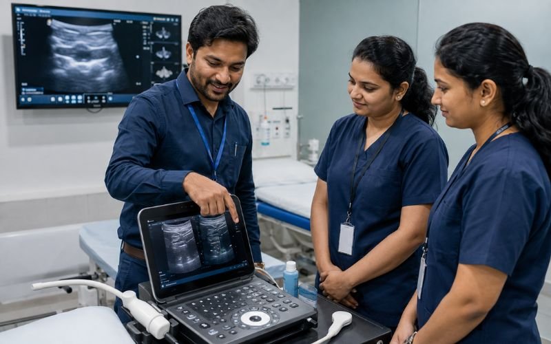 Biomedical trainer showing nurses how to use the software on a portable ultrasound machine