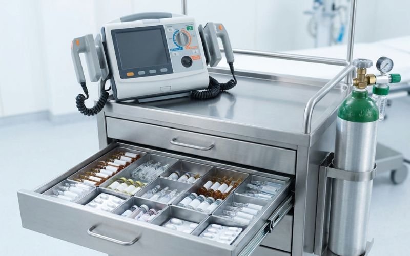 Organized emergency crash cart with oxygen cylinder holder and defibrillator shelf