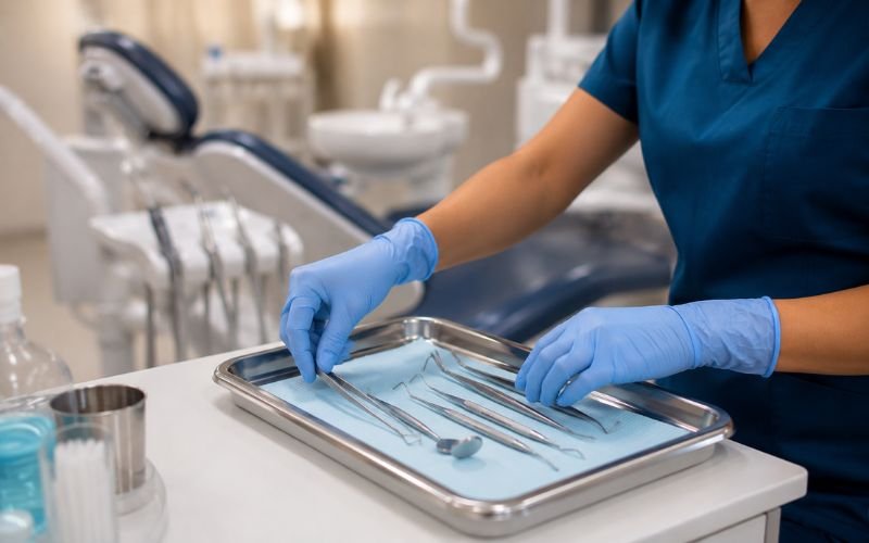Dental assistant organizing stainless steel instruments on a clinic tray
