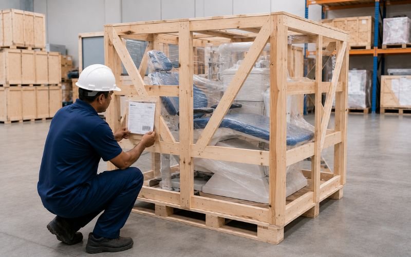 Warehouse worker checking shipping labels on a crate of dental equipment for export to Lagos