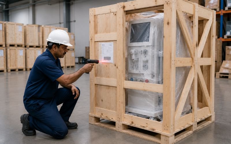 Warehouse worker scanning shipping labels on a crate of dialysis equipment for export to Lagos