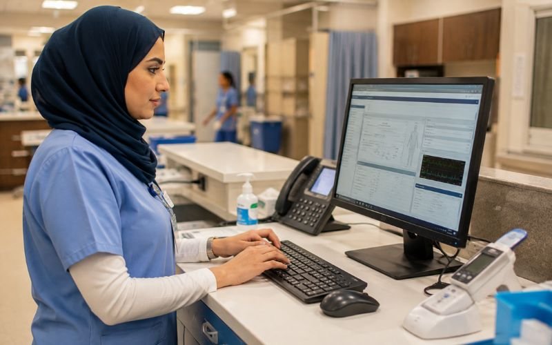 Middle Eastern nurse entering patient vitals into an Electronic Medical Records workstation
