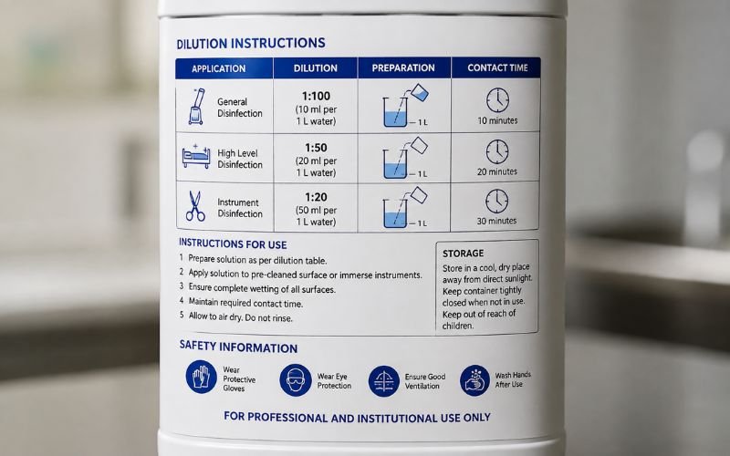 Disinfectant label showing dilution and contact time instructions
