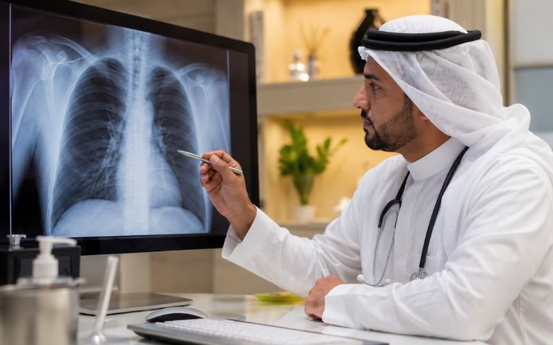 Middle Eastern doctor reviewing a high resolution digital X-ray scan on a monitor