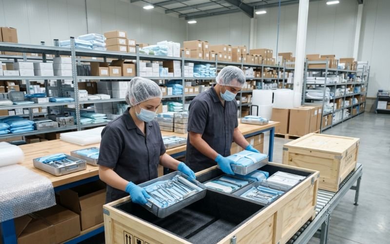 Gynecological surgical instrument sets packed for export shipment