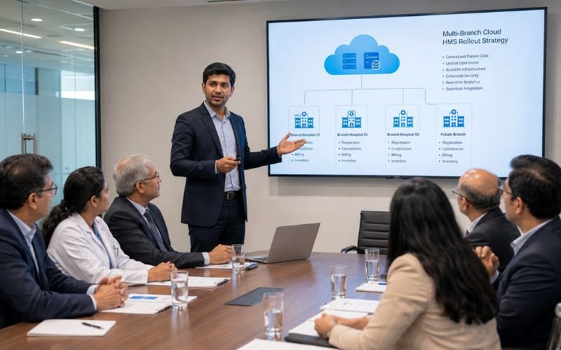 Indian IT consultant presenting a hospital management software deployment plan to executives
