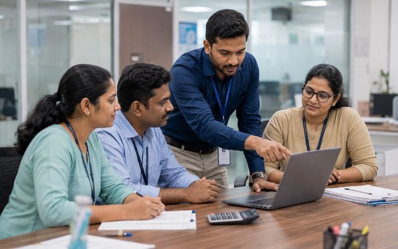 Indian IT trainer teaching hospital finance staff how to use automated accounting software