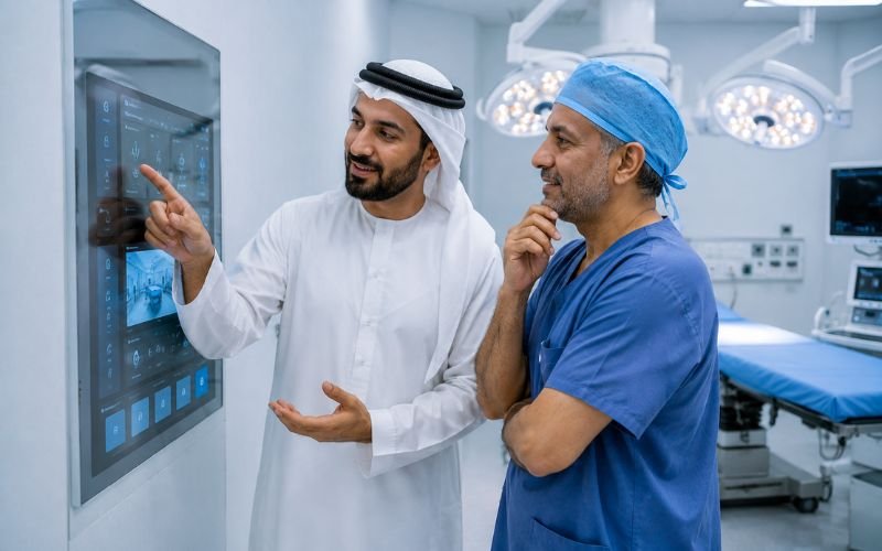 Middle Eastern hospital architect and surgeon reviewing a new OT control panel installation