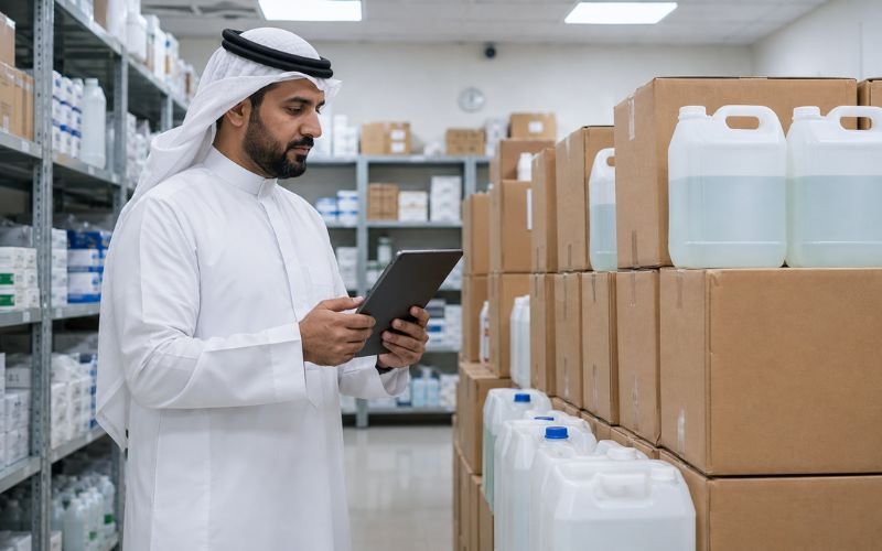 Middle Eastern hospital procurement manager reviewing bulk disinfectant inventory
