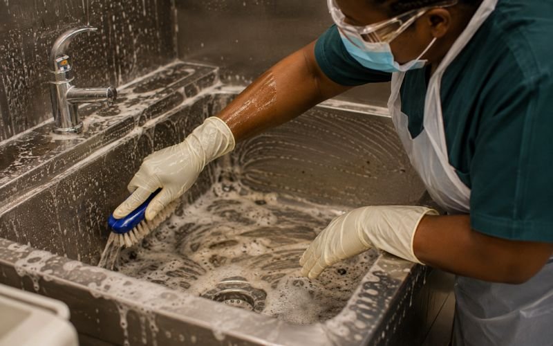 African sanitation worker cleaning a clinical laboratory sink with phenolic disinfectant