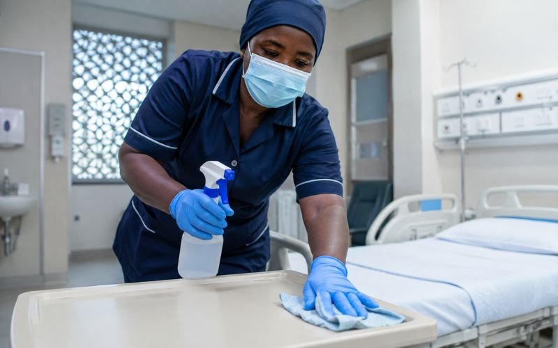 Hospital staff disinfecting surface in Nigeria and Kenya hospital