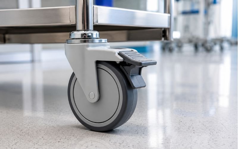 Locking swivel castor detail on hospital trolley before export