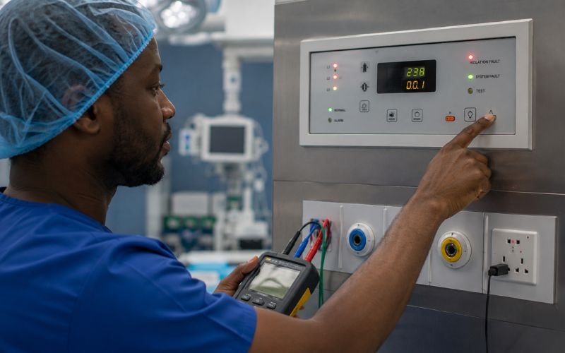 African biomedical technician testing a line isolation monitor inside an operating room