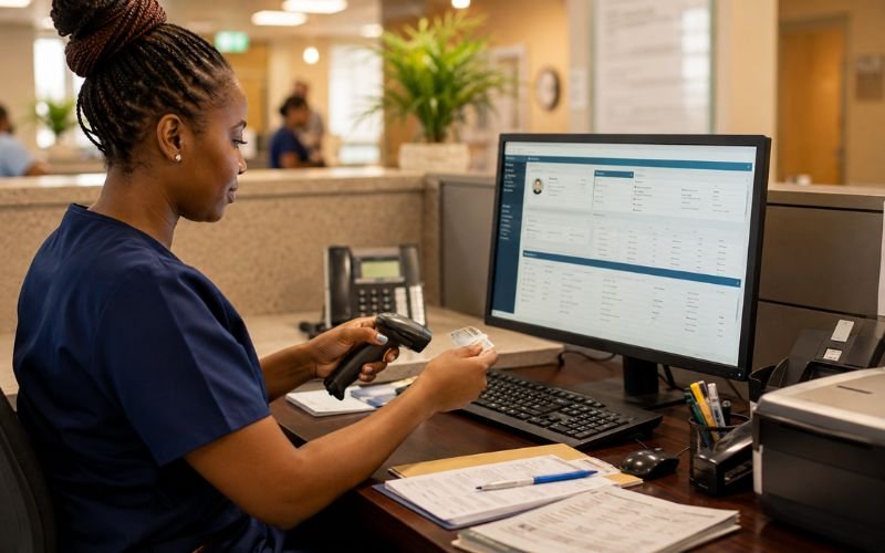 African medical billing clerk processing a patient insurance claim on Hospital Billing &amp; Accounting Software