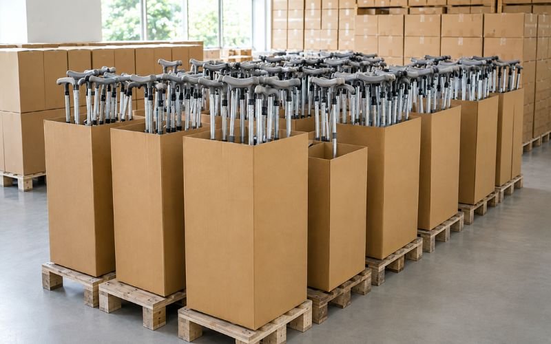 Bulk boxes of medical walking sticks staged for wholesale export to clinics in Nairobi and Lagos