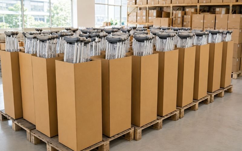 Bulk boxes of medical crutches staged for wholesale export to clinics in Nairobi and Lagos