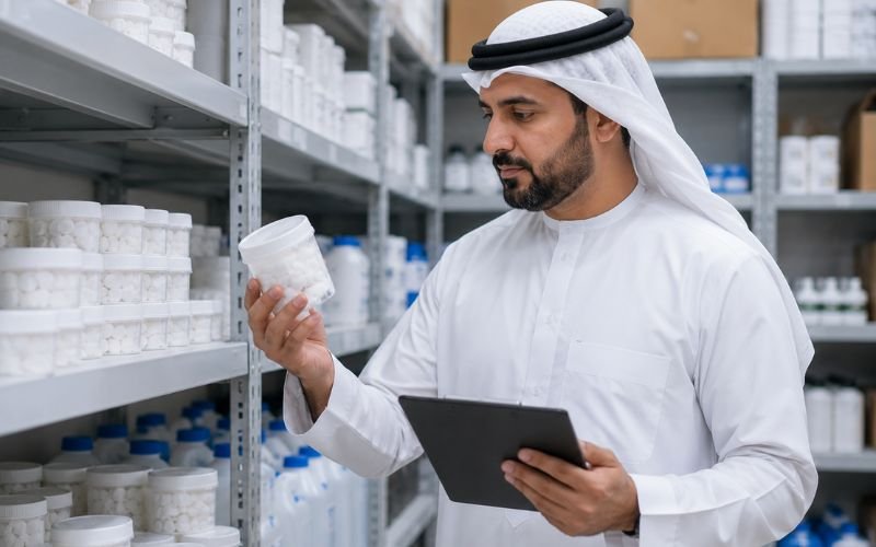 Middle Eastern hospital procurement manager checking inventory of NaDCC disinfectant tubs