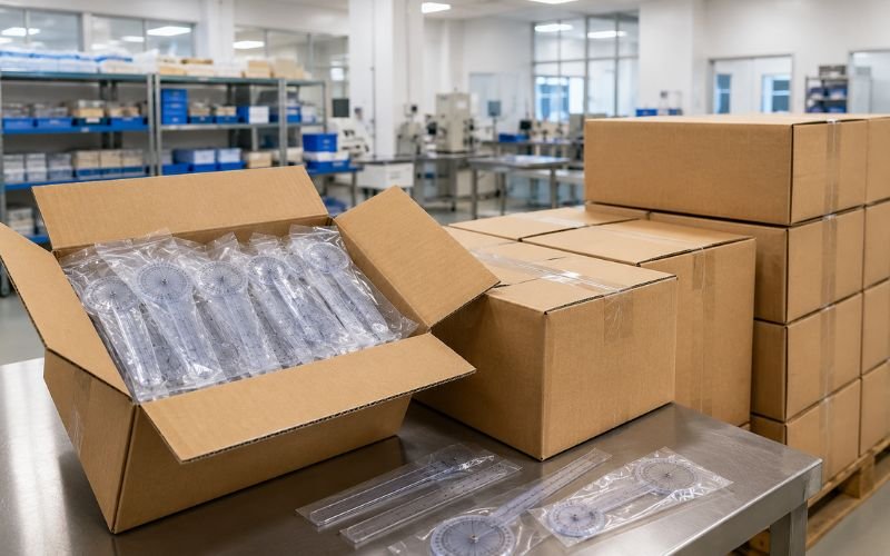 Bulk boxes of medical goniometers staged for wholesale export to clinics in Nairobi and Lagos