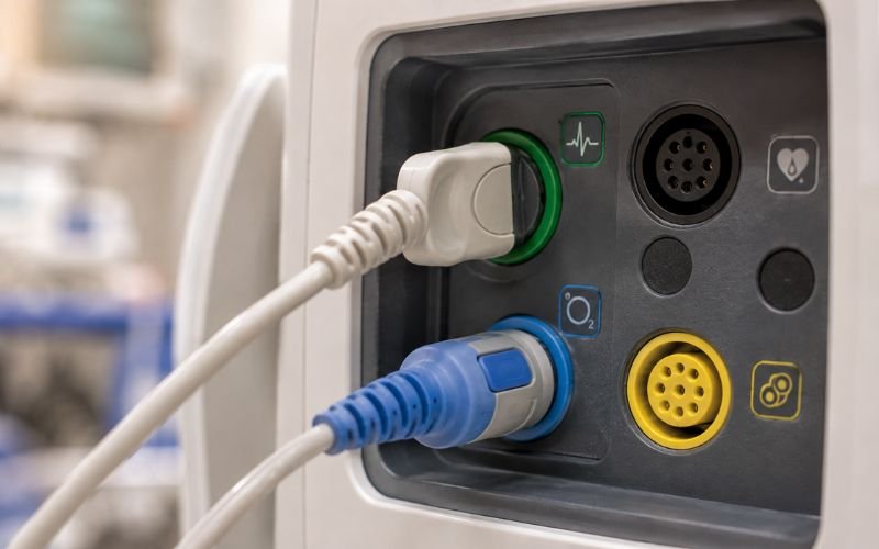 Heavy duty ECG and SpO2 sensor cable connections on a clinical patient monitor