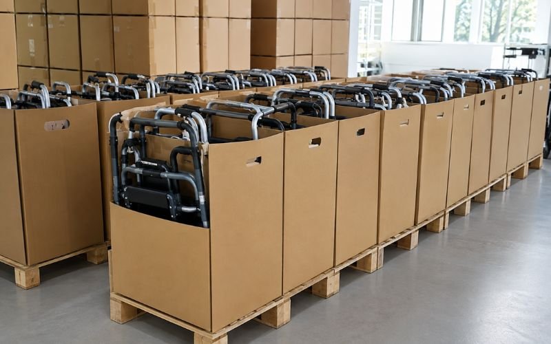 Bulk boxes of folded medical walkers staged for wholesale export to clinics in Nairobi and Lagos