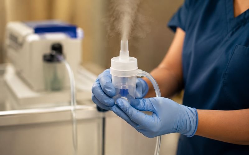 Clinic technician testing the fine medication mist from a commercial compressor nebulizer