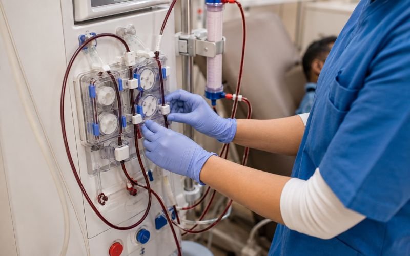 Dialysis nurse adjusting the blood line pump on a Dialysis Machines