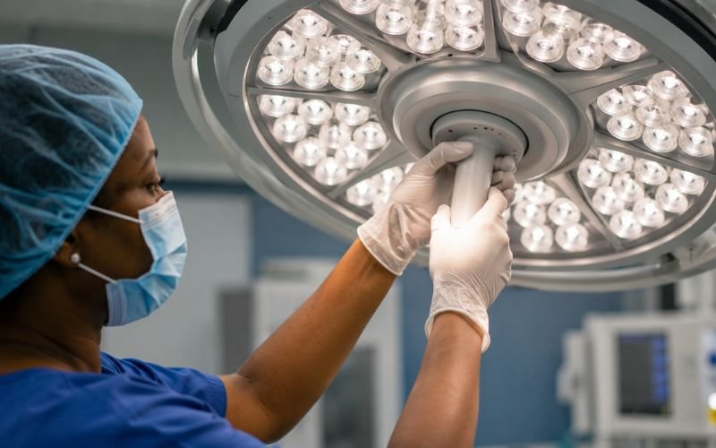 African surgical nurse adjusting the sterilizable handle on an LED OT lights dome