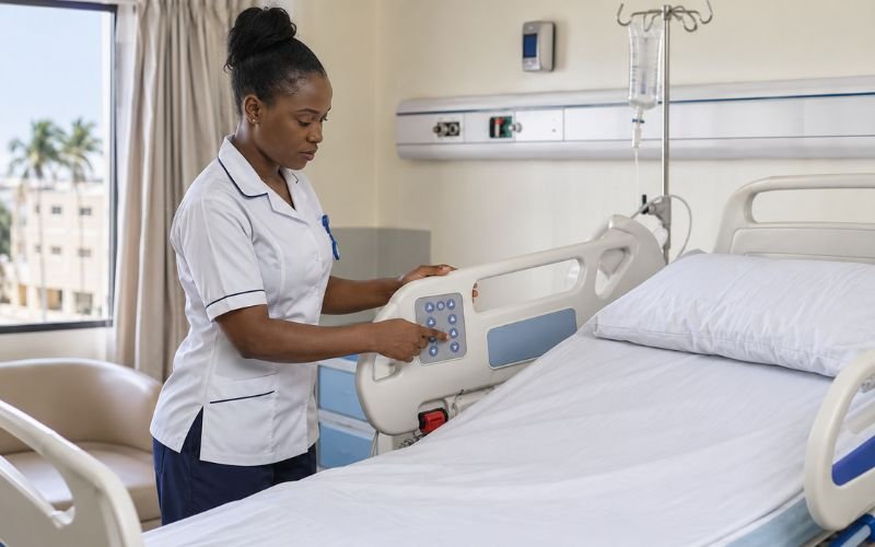 Nurse operating electric hospital bed controls in Nigeria and Kenya hospital ward