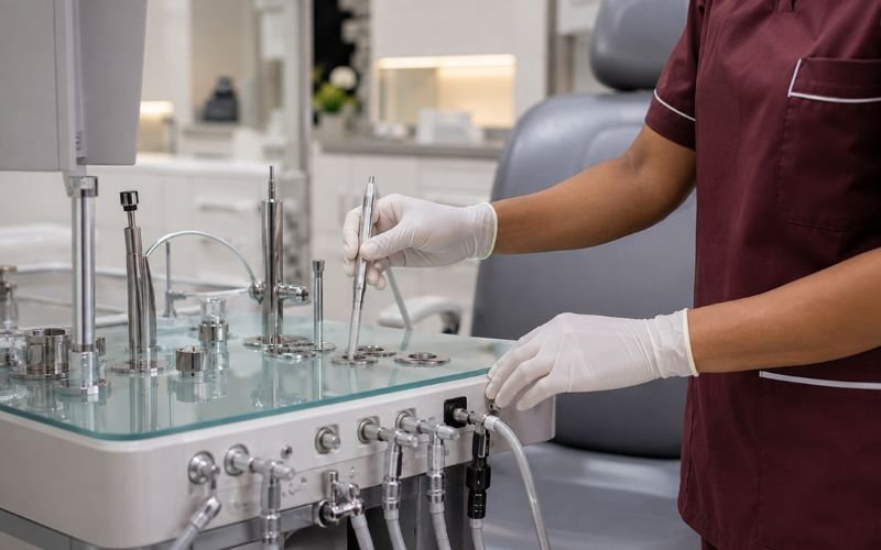 Clinic nurse organizing stainless steel tools on an ENT Equipment