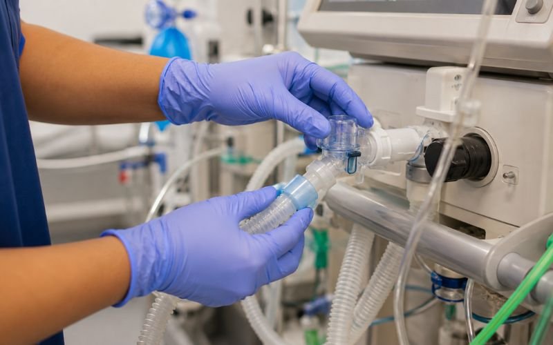 ICU nurse securing a breathing circuit to a commercial ventilator