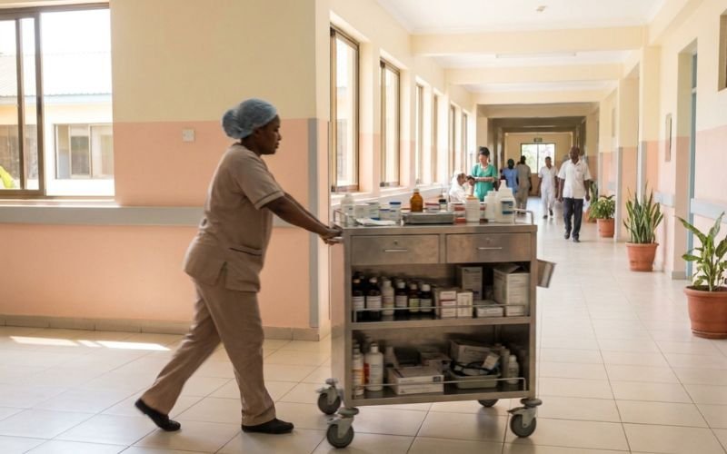 Nurse pushing stocked medical trolley in Nigeria and Kenya hospital corridor