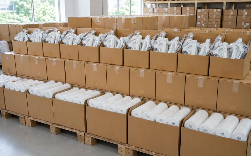 Bulk boxes of cast padding and plaster removal tools staged for wholesale export to clinics in Nairobi and Lagos