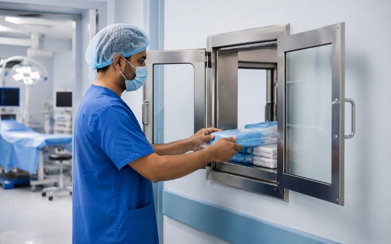Staff restocking pass-through operating room cabinet from corridor side