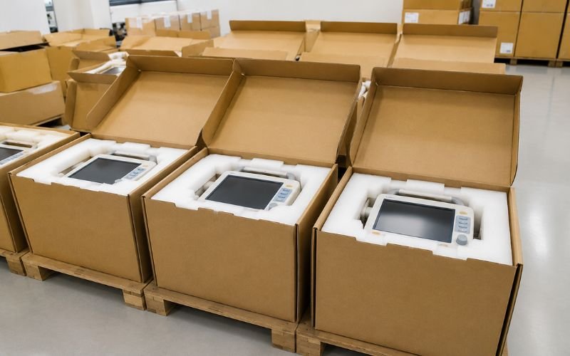 Bulk boxes of medical electronics and patient monitors staged for wholesale export to clinics in Nairobi and Lagos