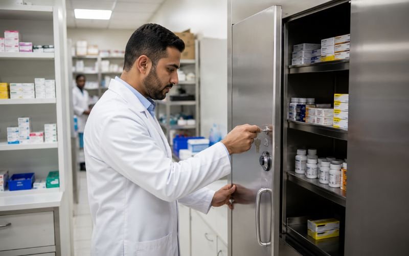 Pharmacist accessing secure narcotics storage cabinet in Nigeria and Kenya hospital pharmacy