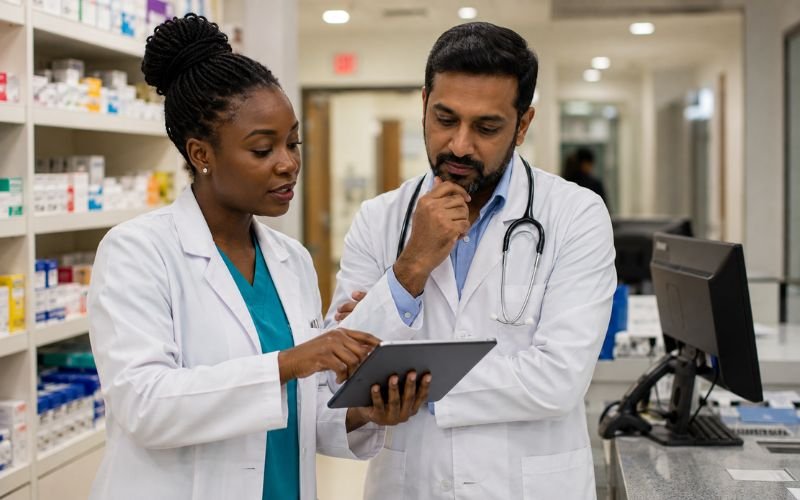 African pharmacist and Indian doctor verifying an automated digital prescription on a tablet