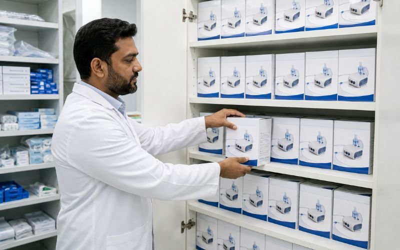 Pharmacy manager organizing bulk medical nebulizer inventory in a supply room